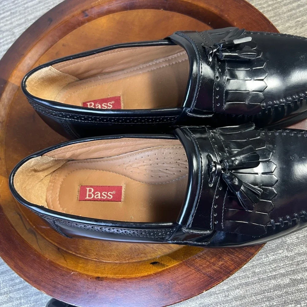 Bass Mens Shoes Black Leather Kiltie Tassel Loafers Brogue Detail Slip On Dres